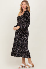 Black Floral Velvet Smocked Midi Dress