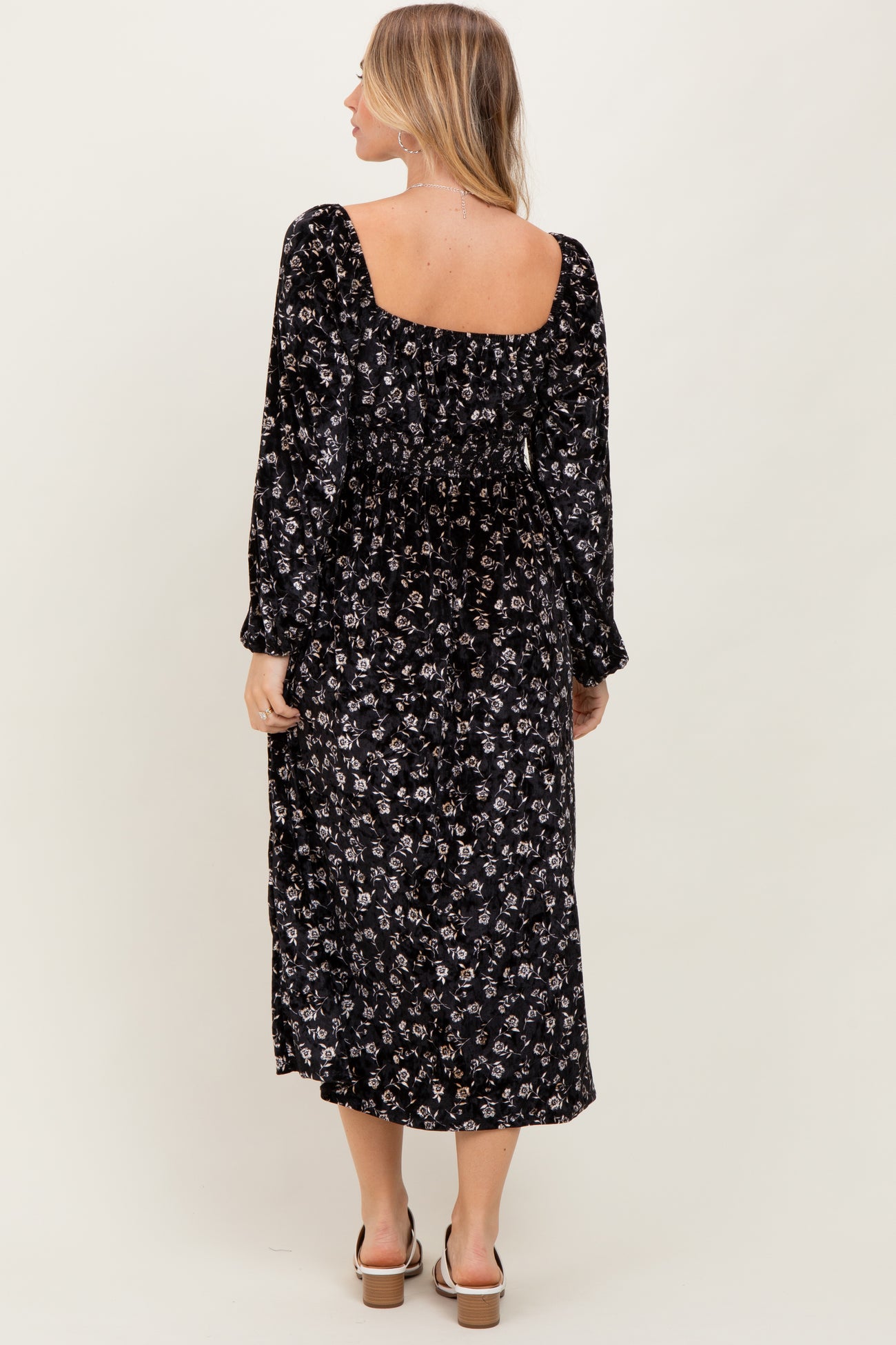 Black Floral Velvet Smocked Midi Dress