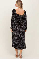 Black Floral Velvet Smocked Midi Dress