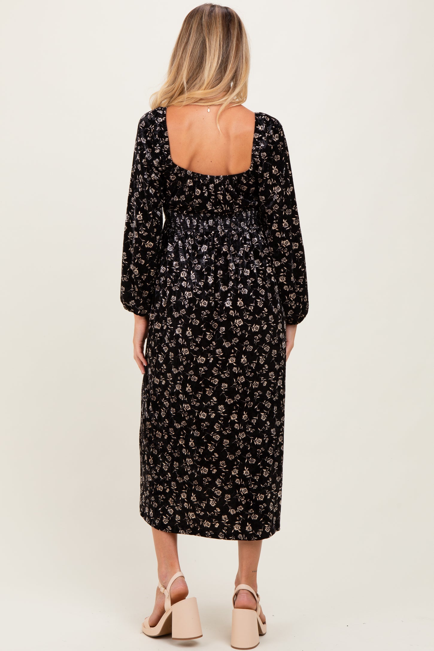 Black Floral Velvet Smocked Maternity Midi Dress
