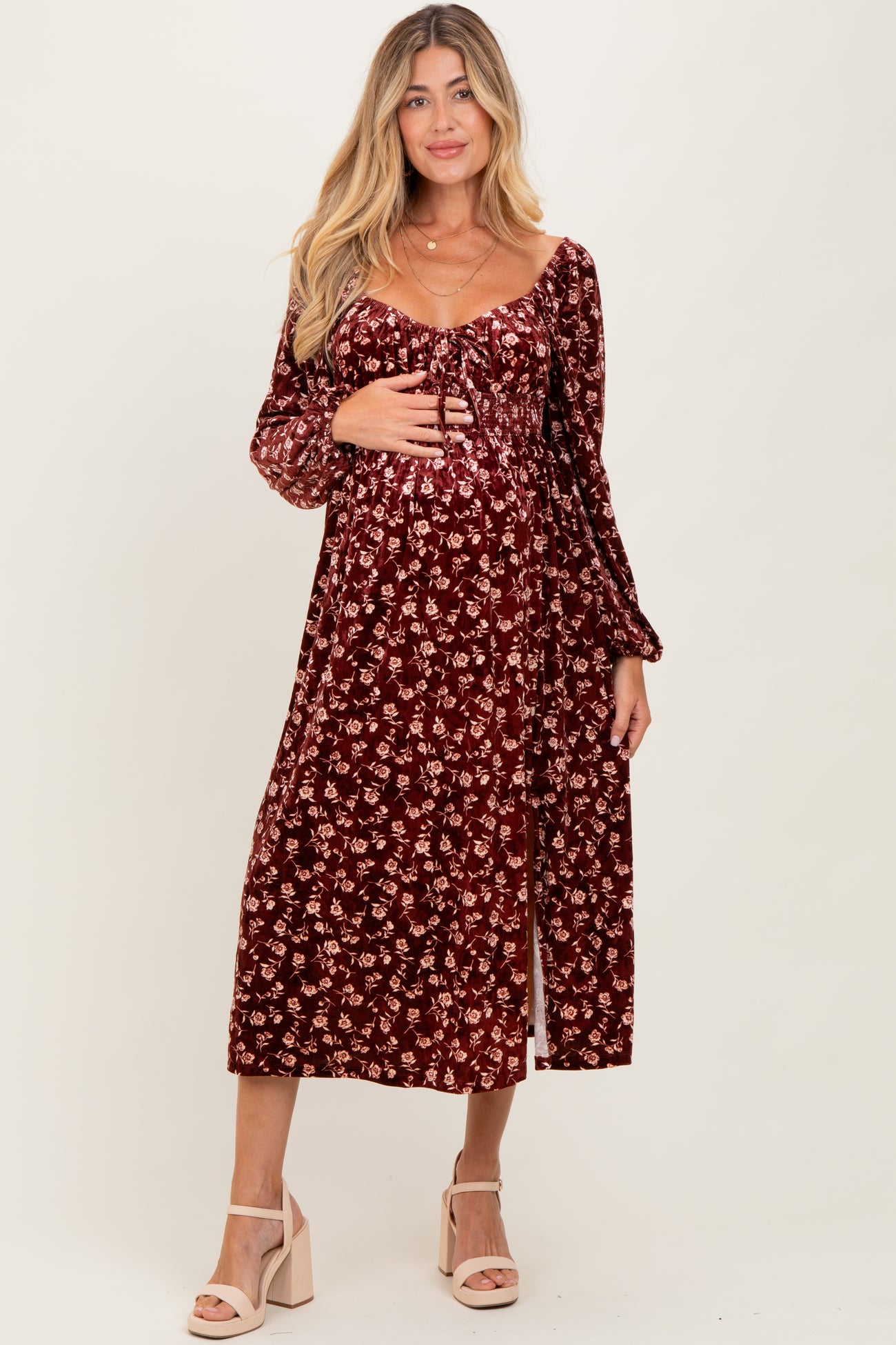 Burgundy Floral Velvet Smocked Maternity Midi Dress
