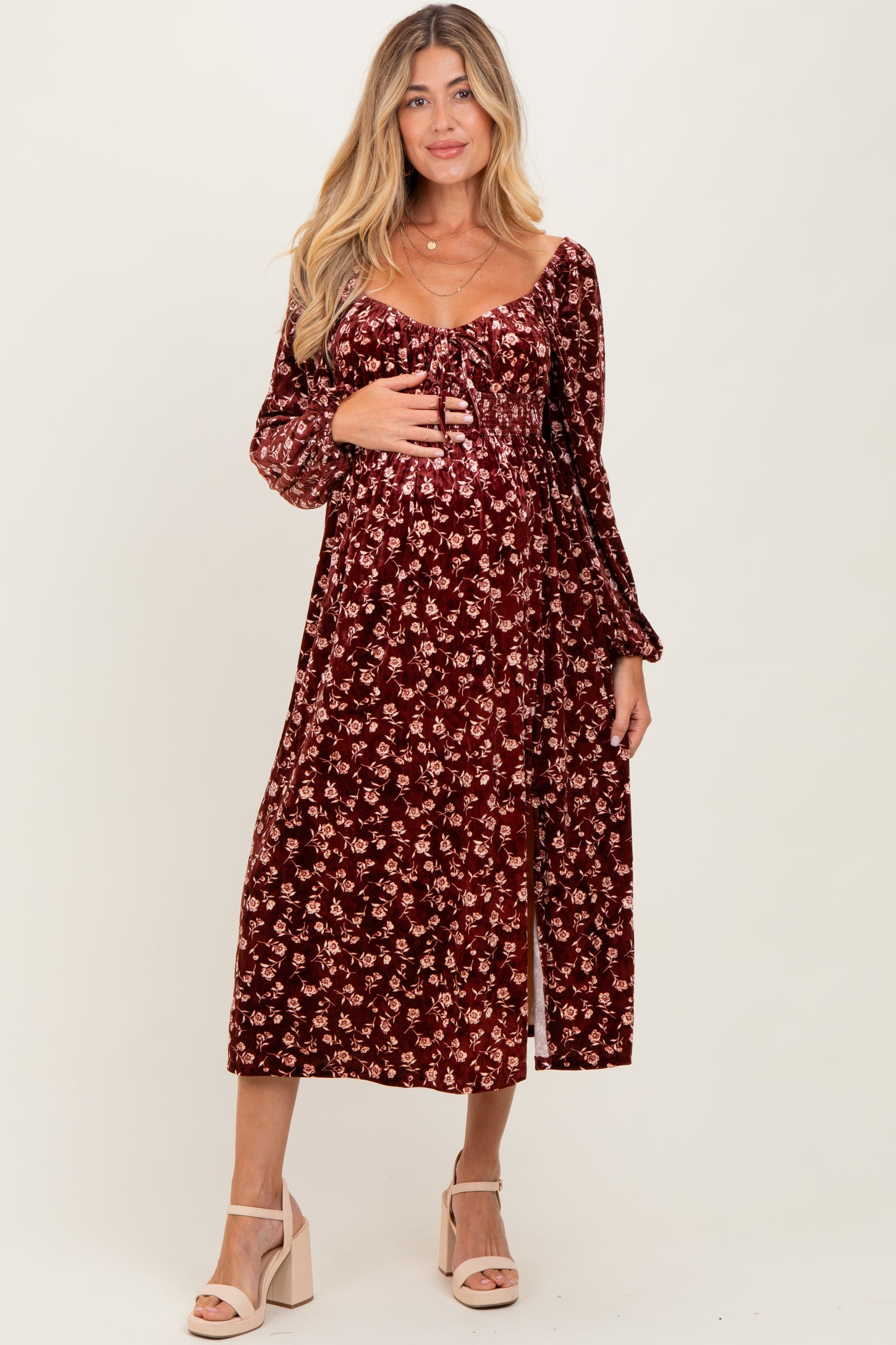 Burgundy Floral Velvet Smocked Maternity Midi Dress