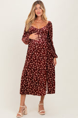 Burgundy Floral Velvet Smocked Maternity Midi Dress