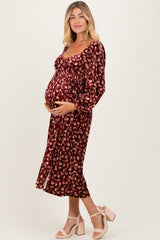 Burgundy Floral Velvet Smocked Maternity Midi Dress