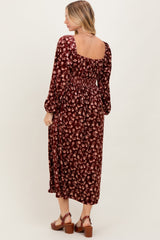 Burgundy Floral Velvet Smocked Midi Dress