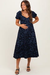 Navy Floral Jacquard Puff Sleeve Maternity Midi Dress