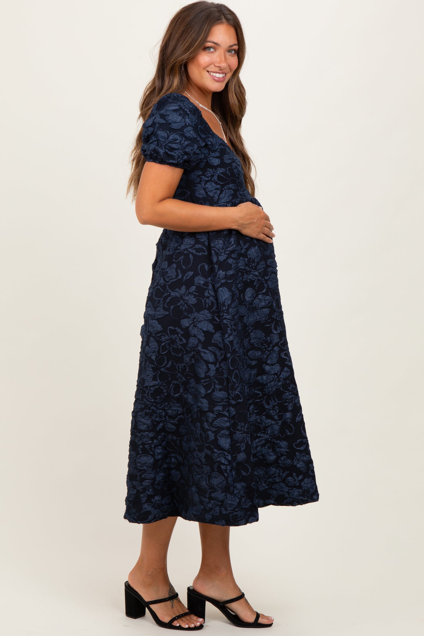 Navy Floral Jacquard Puff Sleeve Maternity Midi Dress