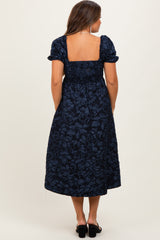 Navy Floral Jacquard Puff Sleeve Maternity Midi Dress