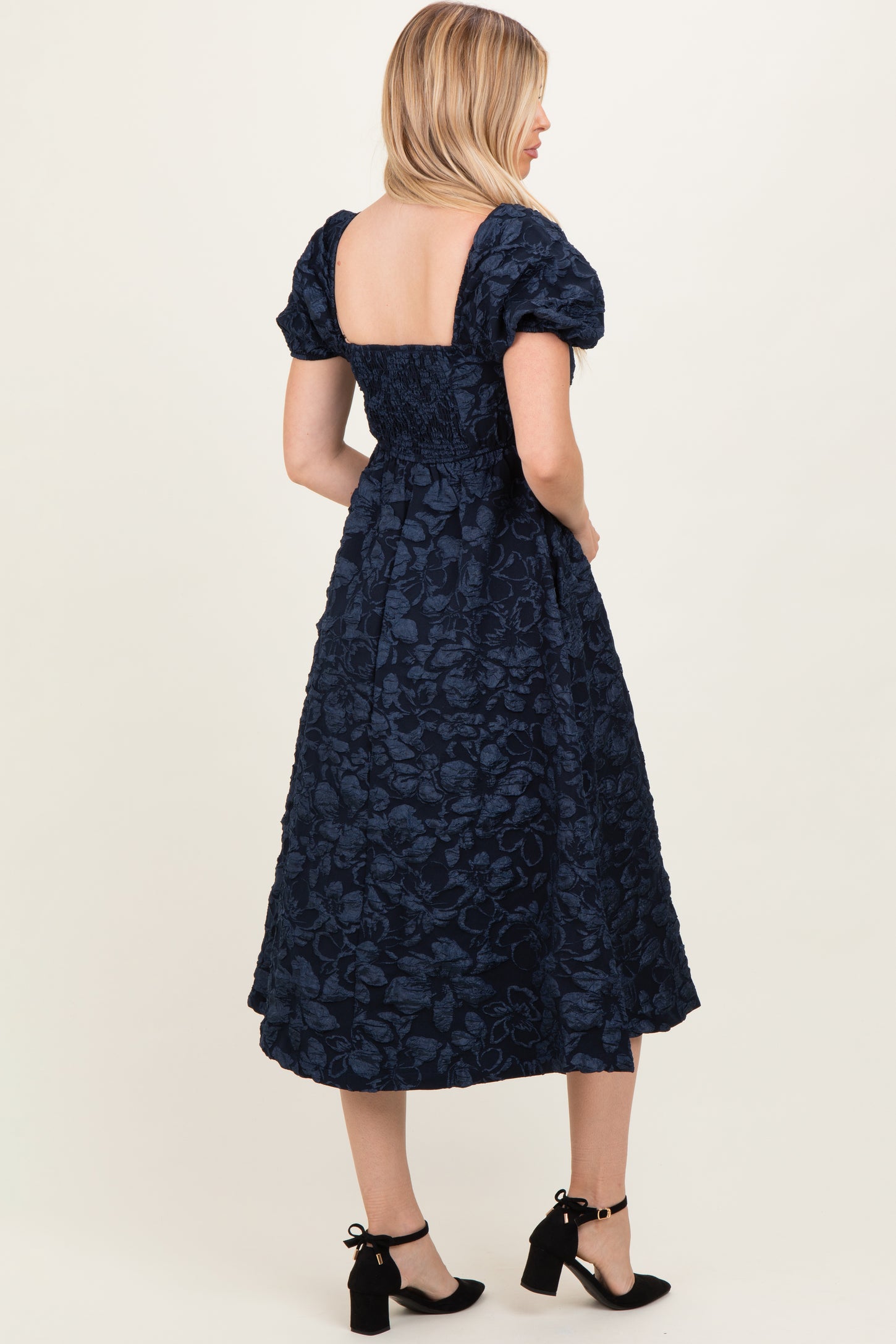 Navy Floral Jacquard Puff Sleeve Midi Dress
