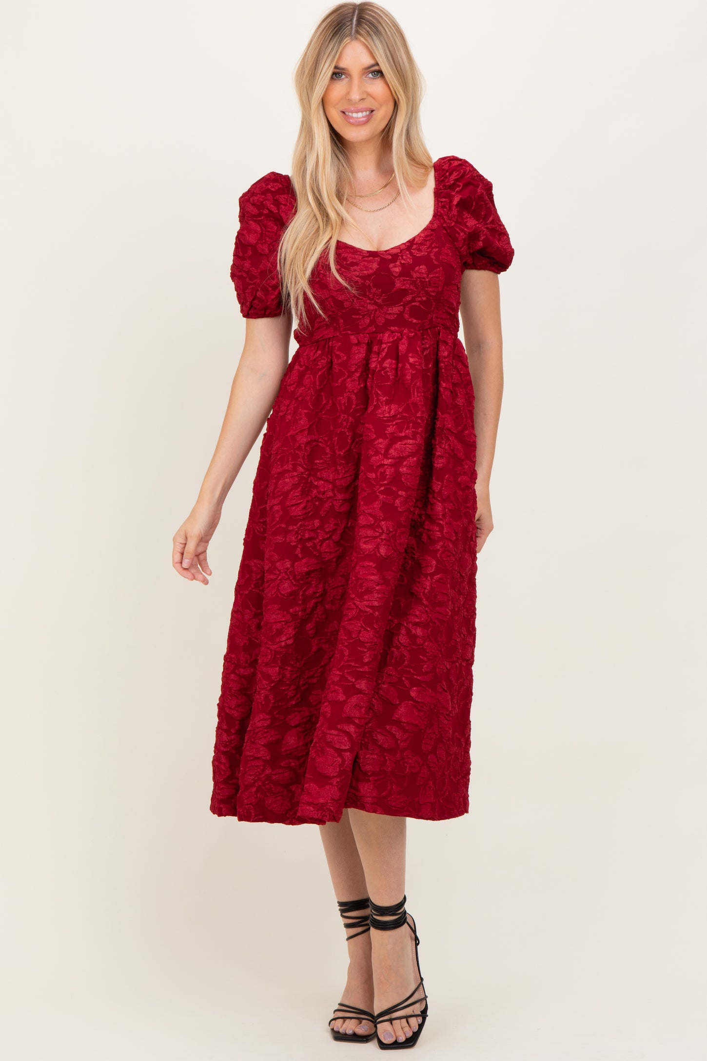 Red Floral Jacquard Puff Sleeve Midi Dress