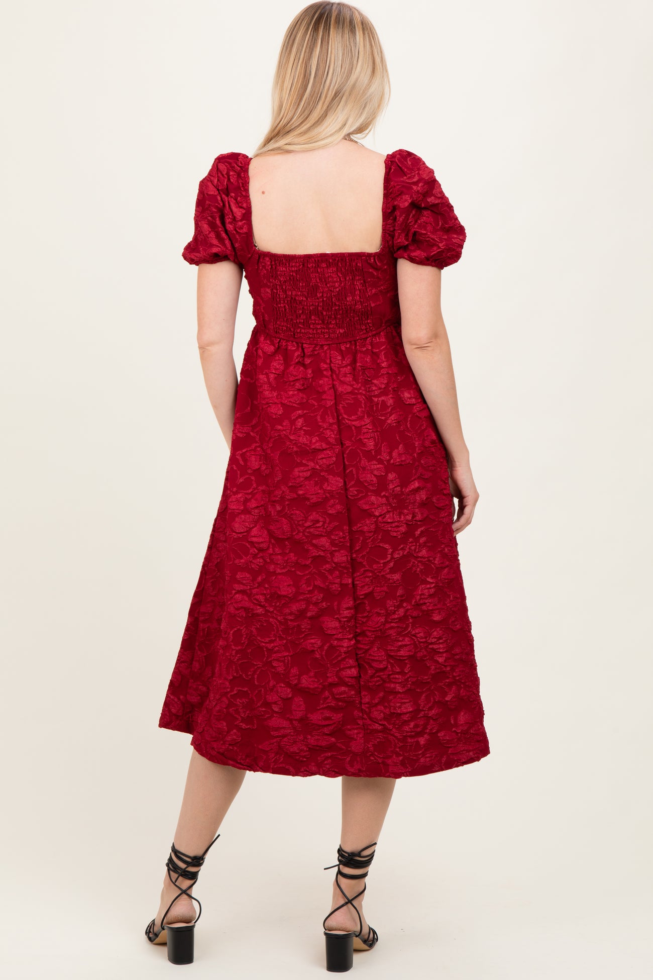 Red Floral Jacquard Puff Sleeve Midi Dress