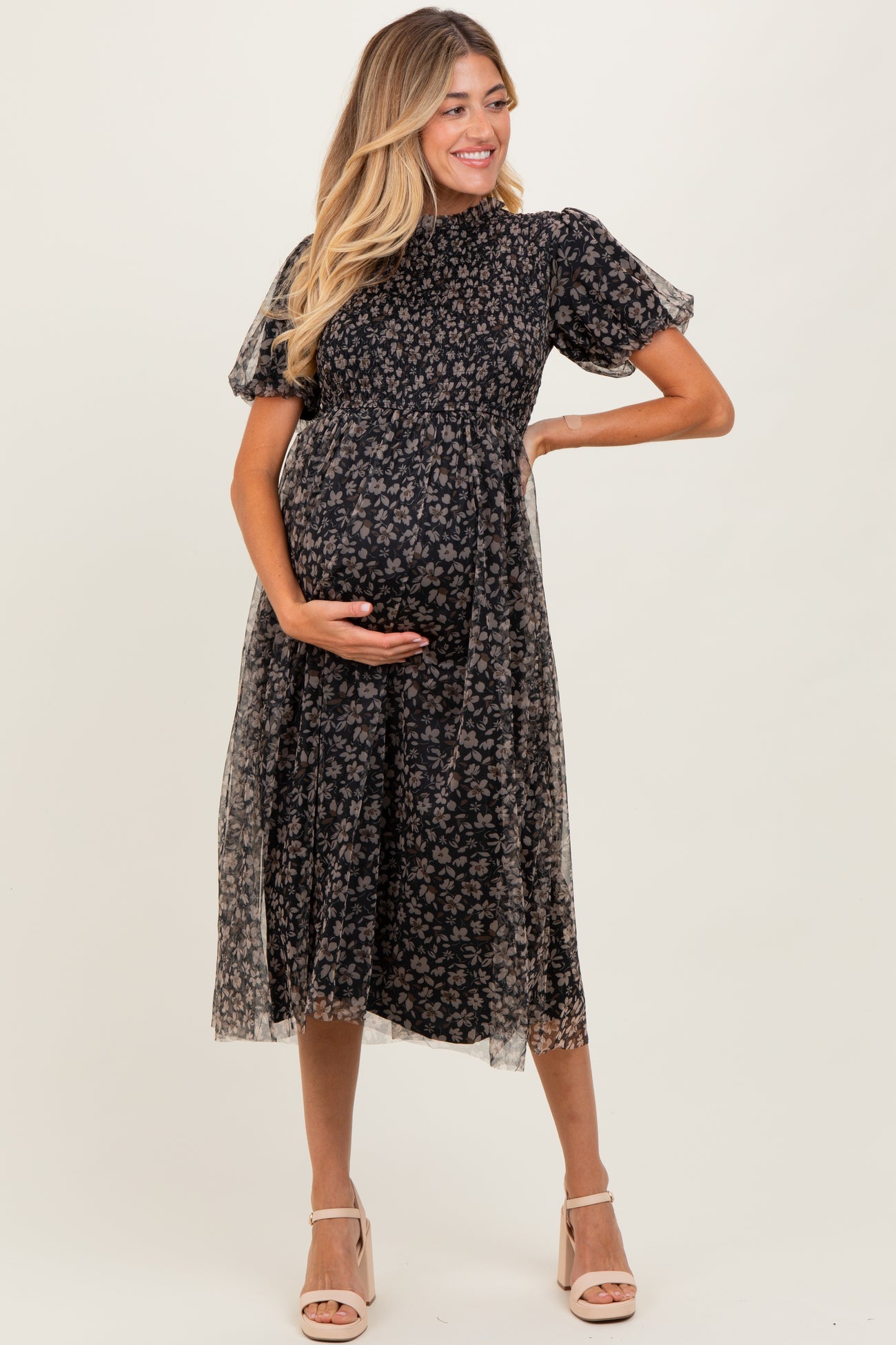 Black Floral Smocked Puff Sleeve Chiffon Maternity Midi Dress