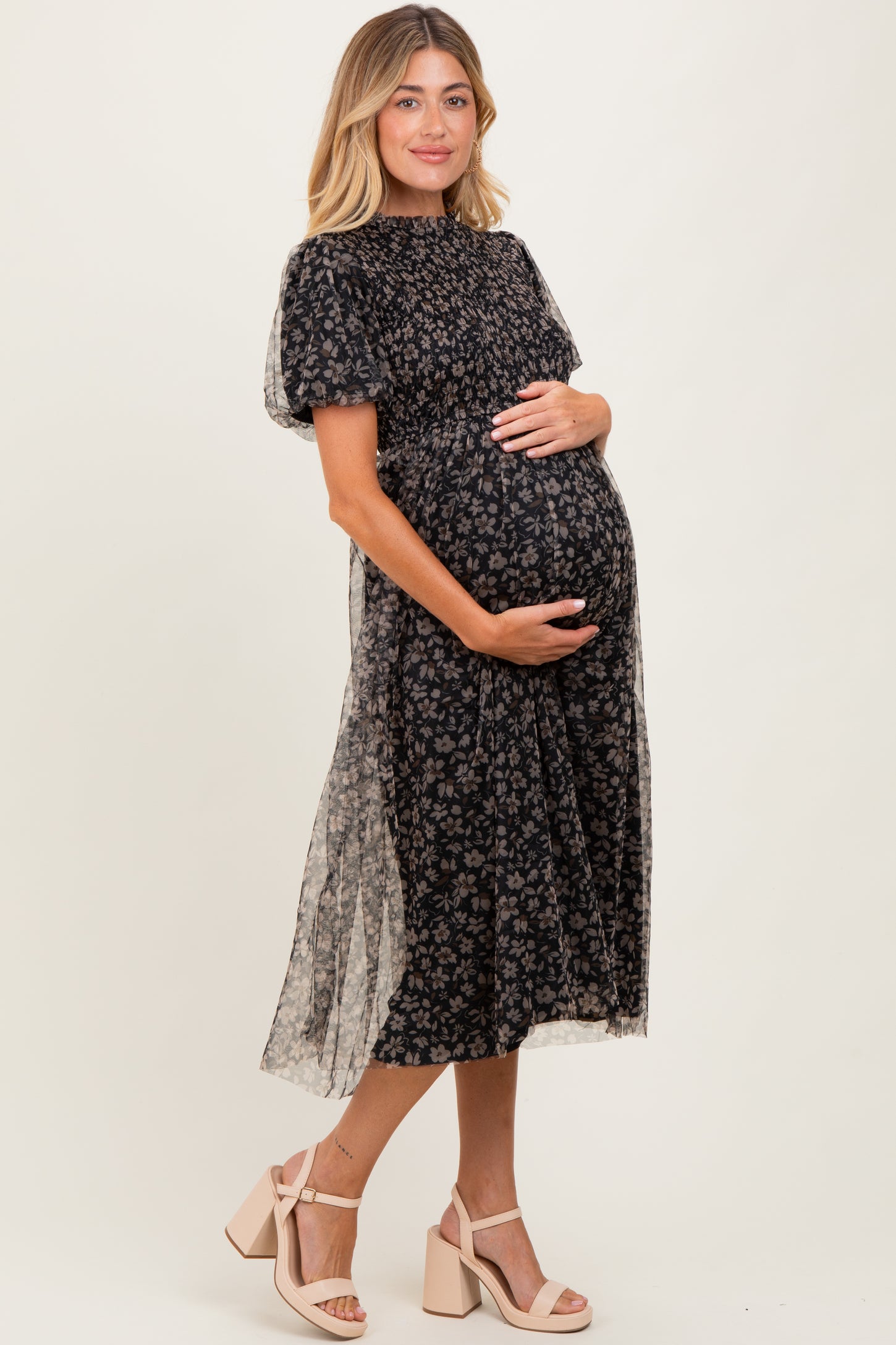Black Floral Smocked Puff Sleeve Chiffon Maternity Midi Dress
