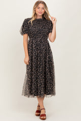 Black Floral Smocked Puff Sleeve Chiffon Midi Dress