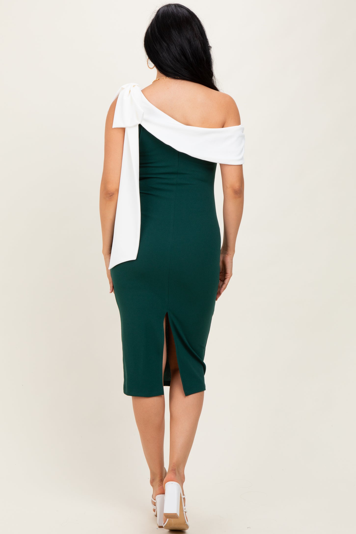 Forest Green Oversized Bow One Shoulder Midi Dress
