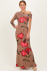 woman wearing a brown off-the-shoulder maxi dress with red floral prints and long sleeves