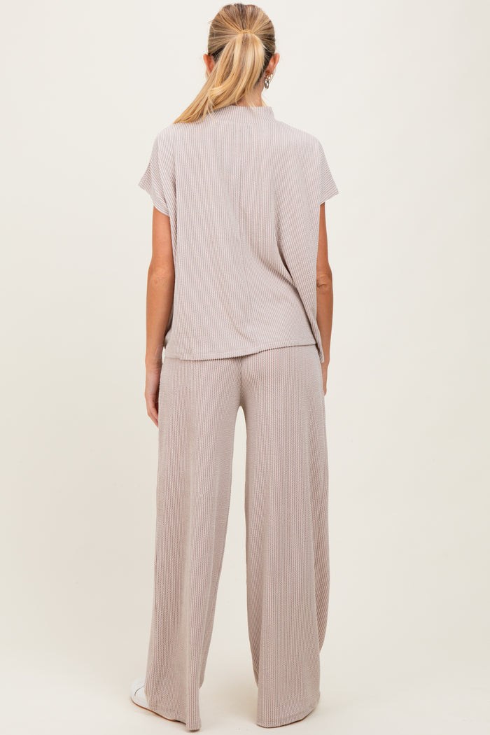 Cream Textured Rib Mock Neck Short Sleeve Pant Maternity Set