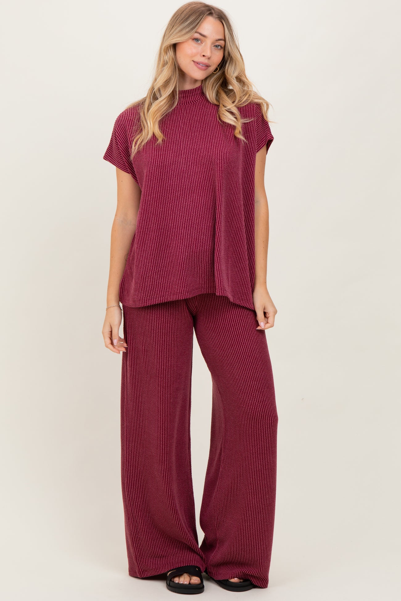 Burgundy Textured Rib Mock Neck Short Sleeve Pant Maternity Set