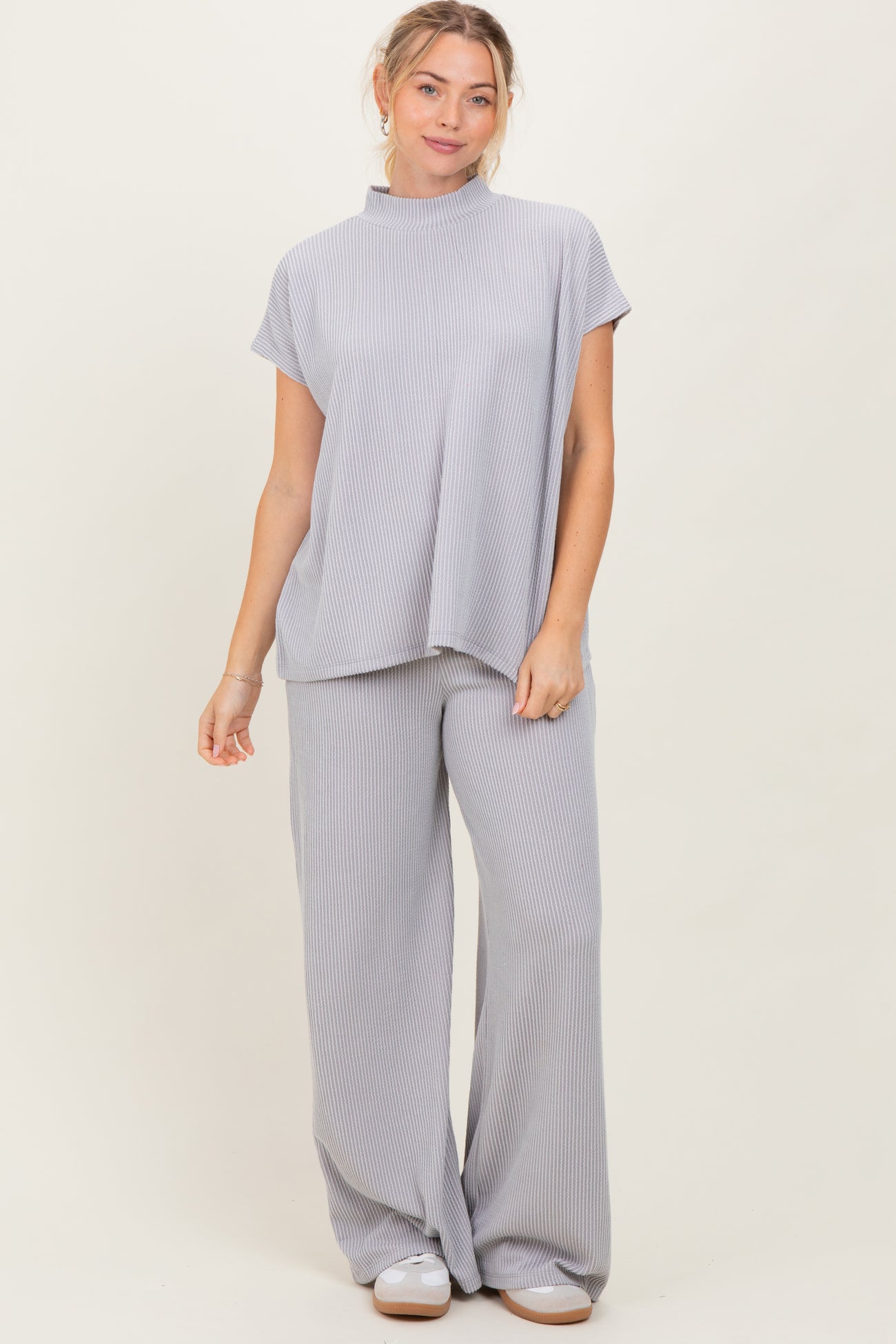 Light Grey Textured Rib Mock Neck Short Sleeve Pant Set