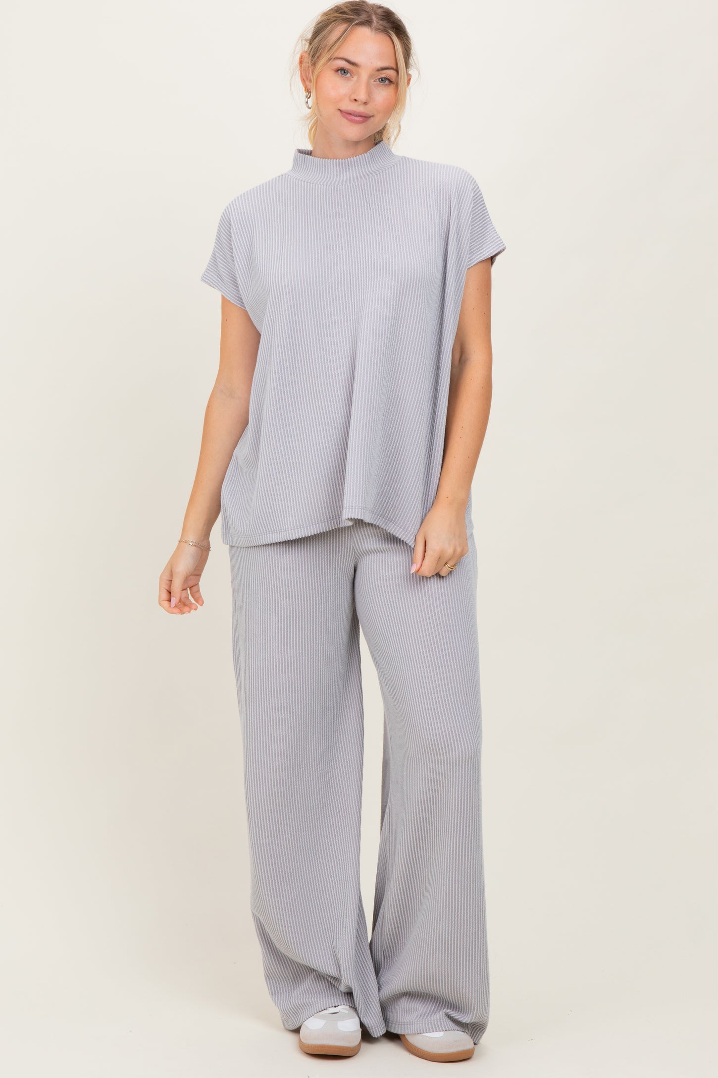 Light Grey Textured Rib Mock Neck Short Sleeve Pant Set