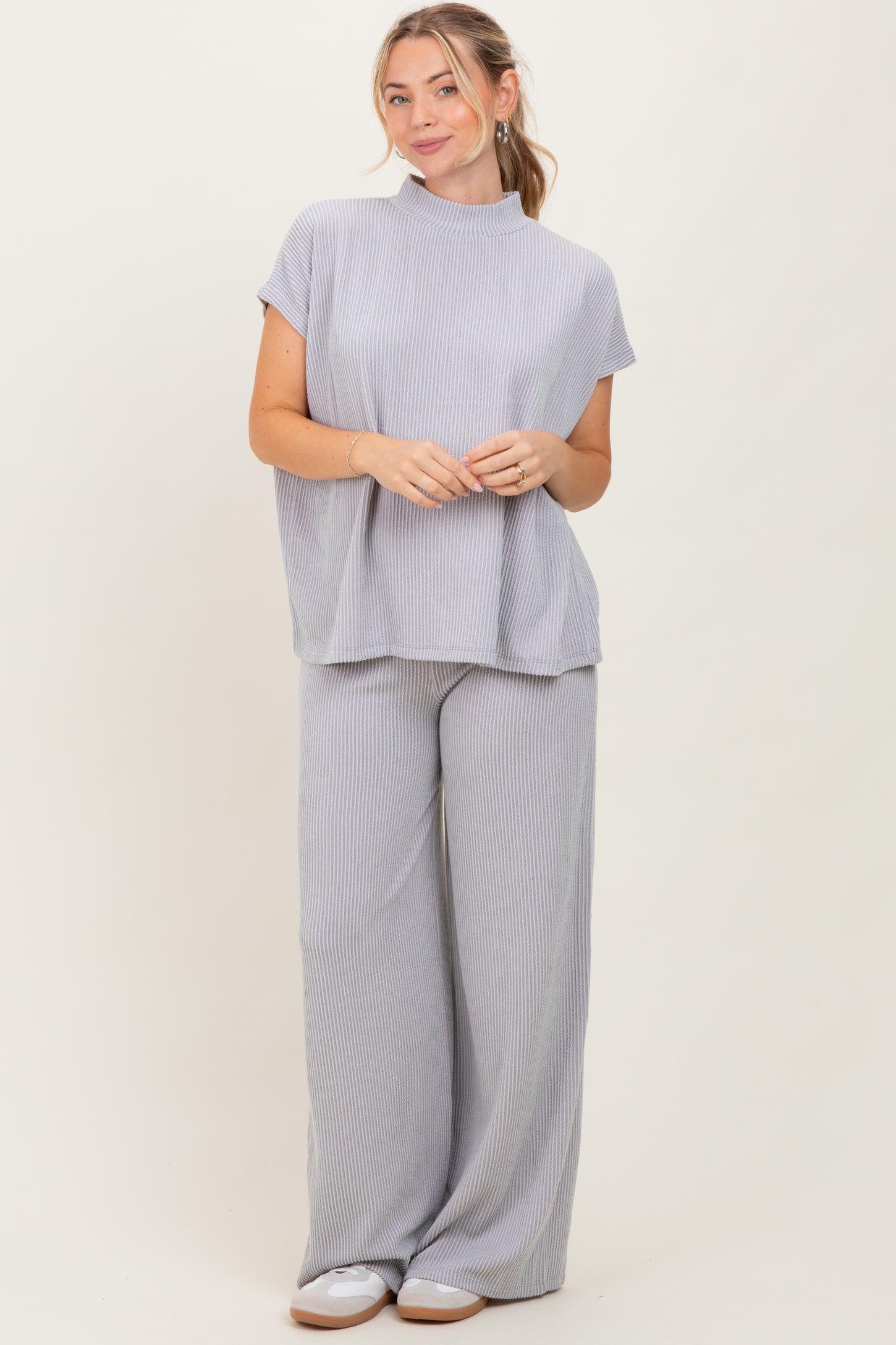 Light Grey Textured Rib Mock Neck Short Sleeve Pant Set
