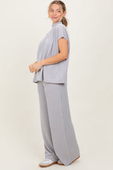 Light Grey Textured Rib Mock Neck Short Sleeve Pant Set