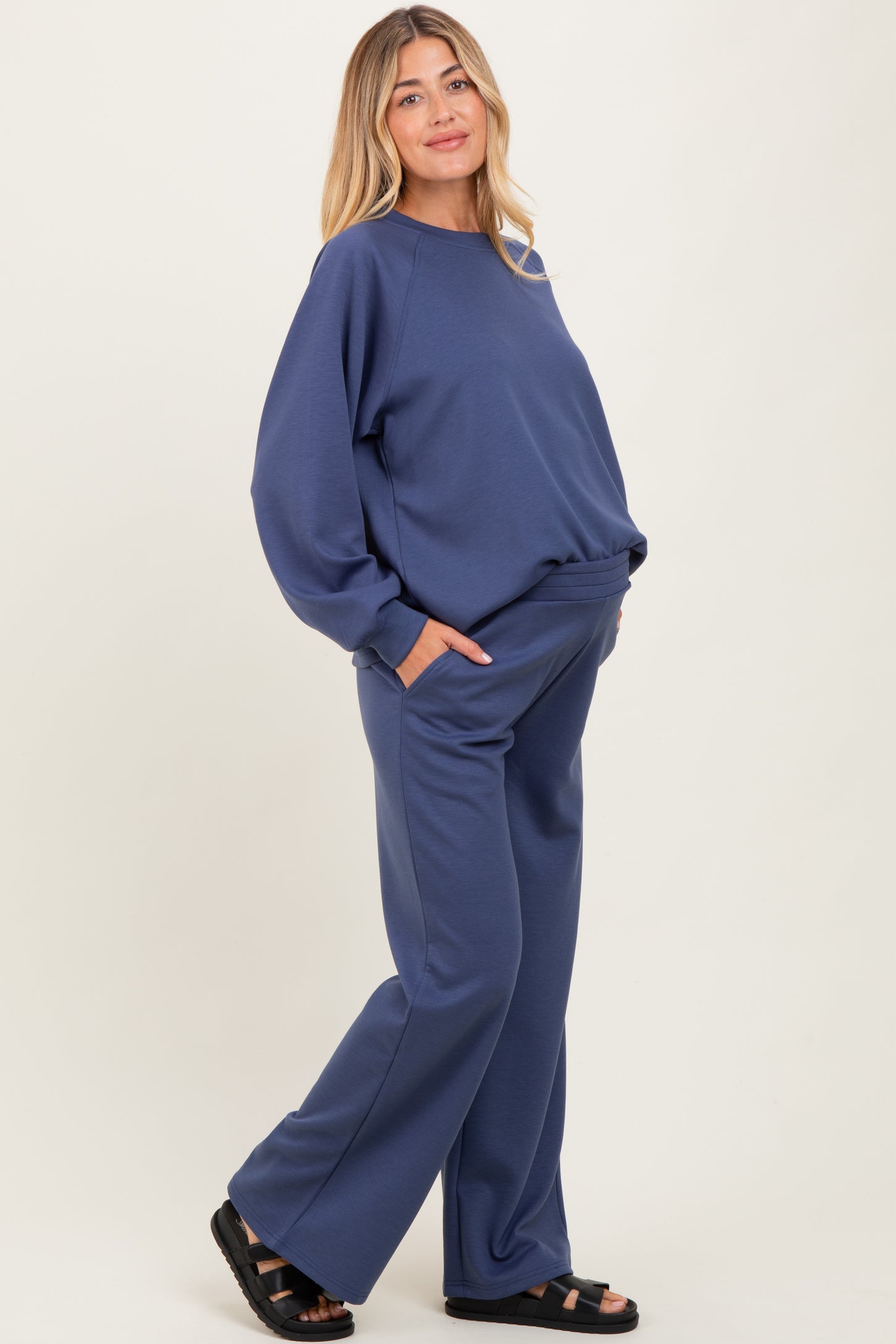 Blue Crewneck Pullover Pant Maternity Set