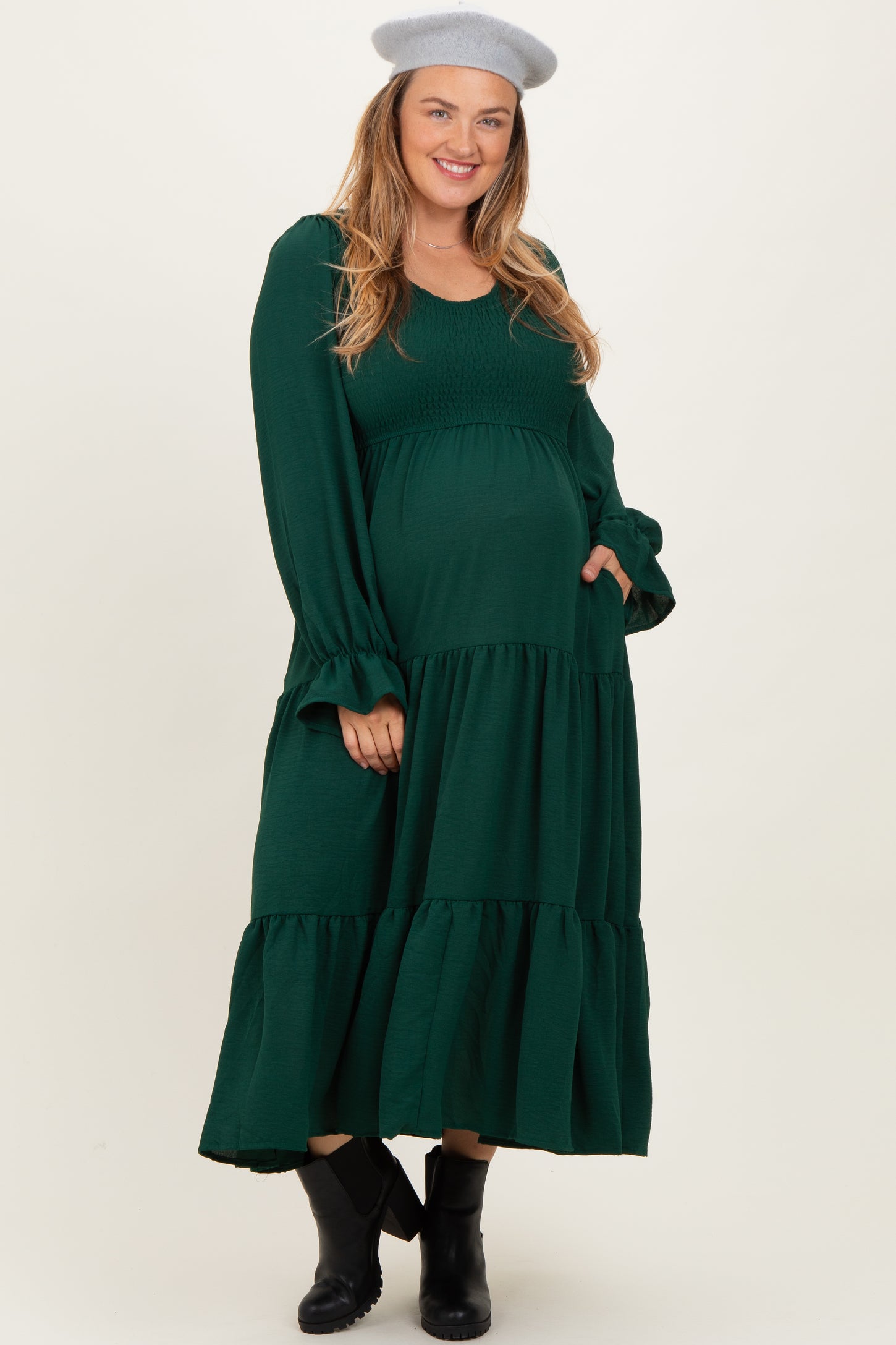 Forest Green Smocked Tiered Long Sleeve Plus Maternity Maxi Dress