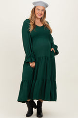 Forest Green Smocked Tiered Long Sleeve Plus Maternity Maxi Dress