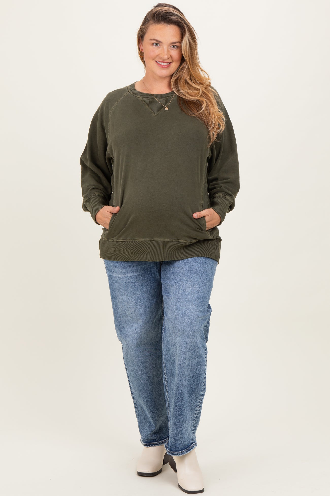 Olive Vintage Wash French Terry Maternity Plus Pullover