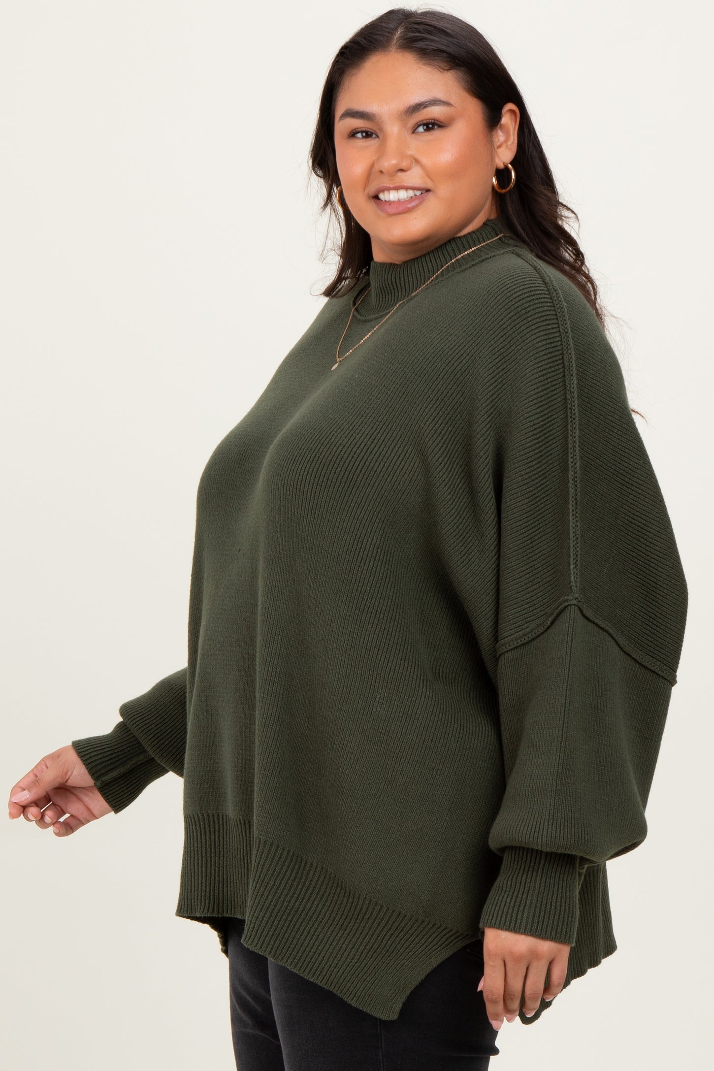 Olive Mock Neck Exposed Seam Sweater