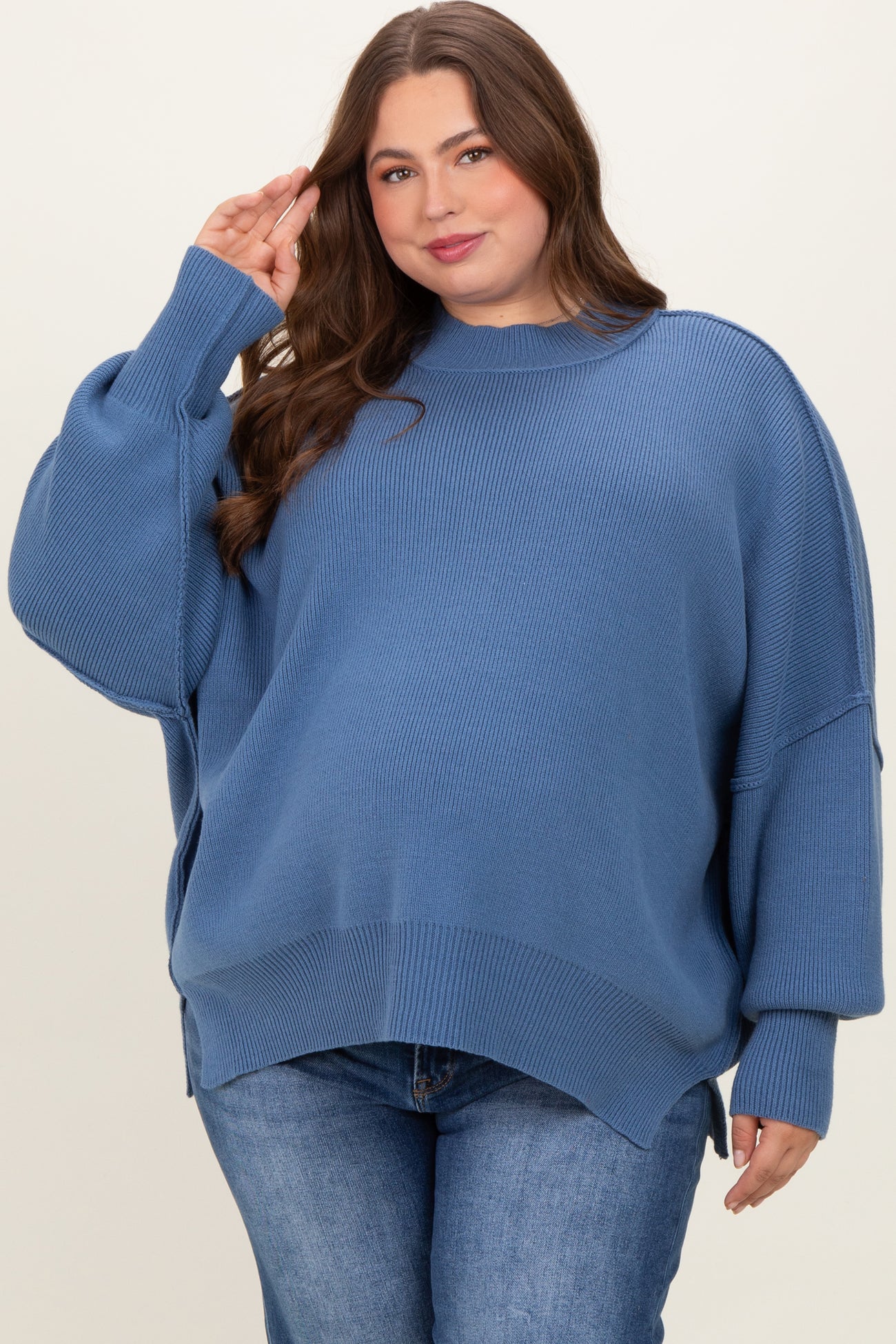 Blue Mock Neck Exposed Seam Maternity Sweater