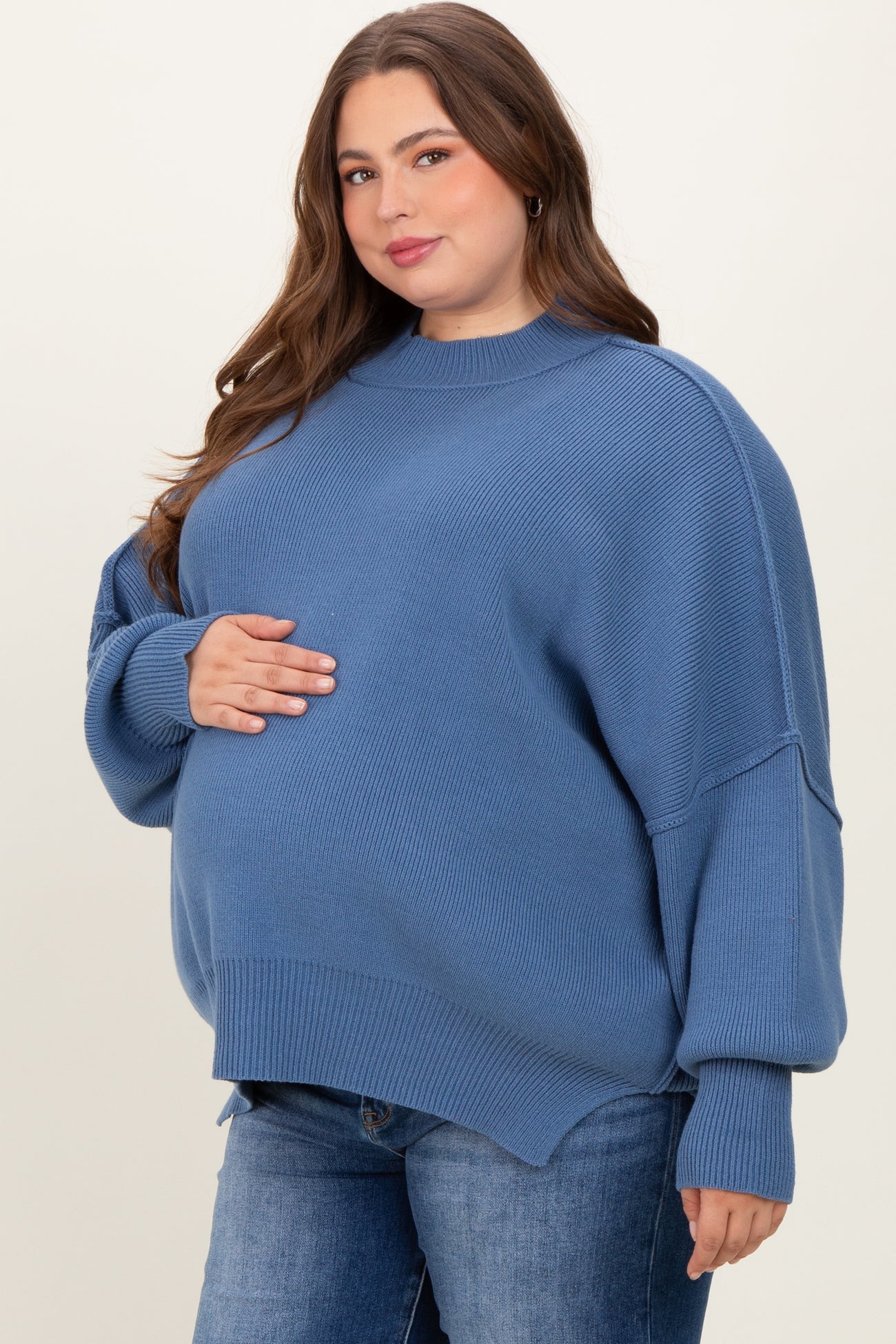 Blue Mock Neck Exposed Seam Maternity Sweater