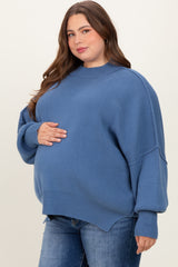 Blue Mock Neck Exposed Seam Maternity Sweater