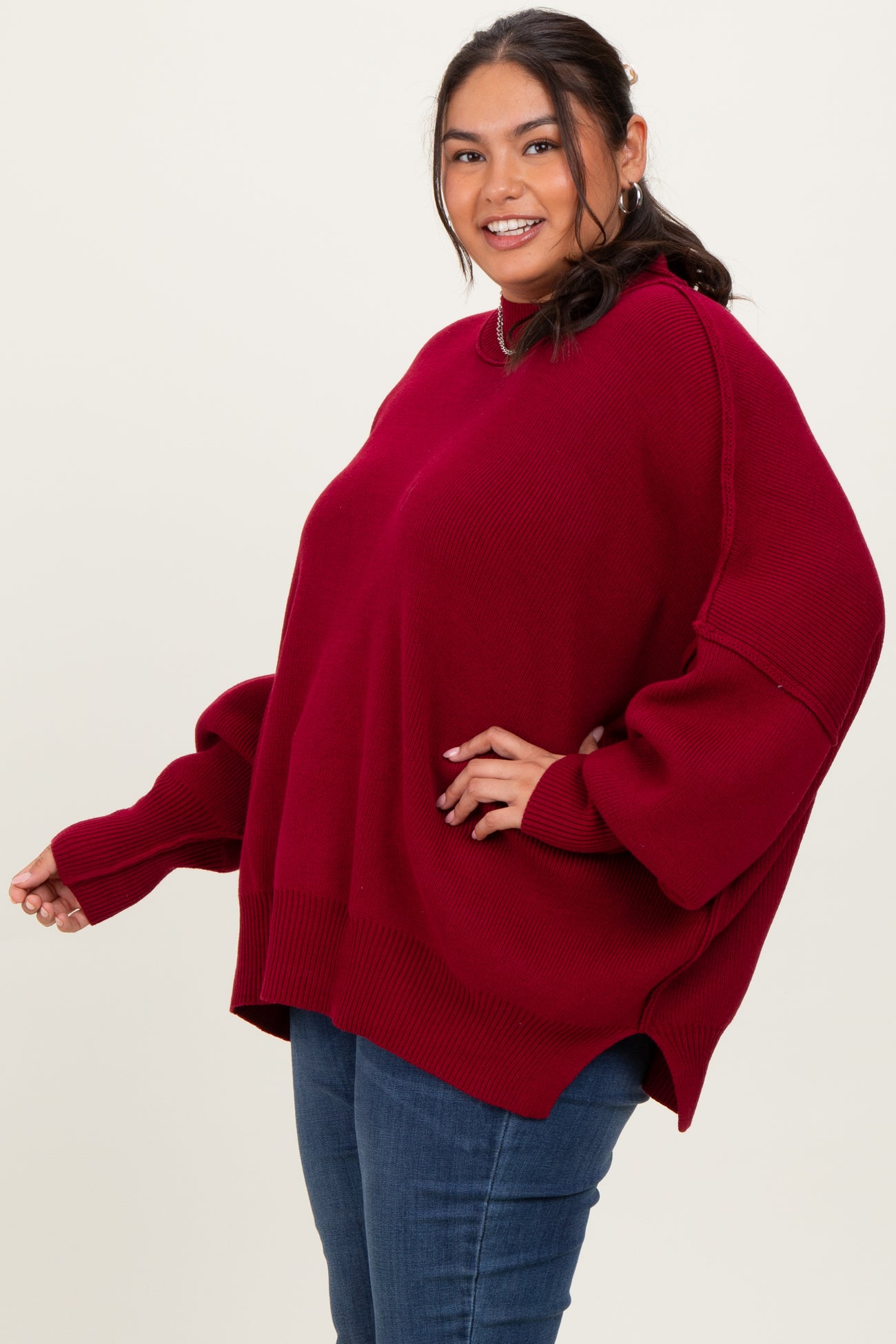 Burgundy Mock Neck Exposed Seam Sweater