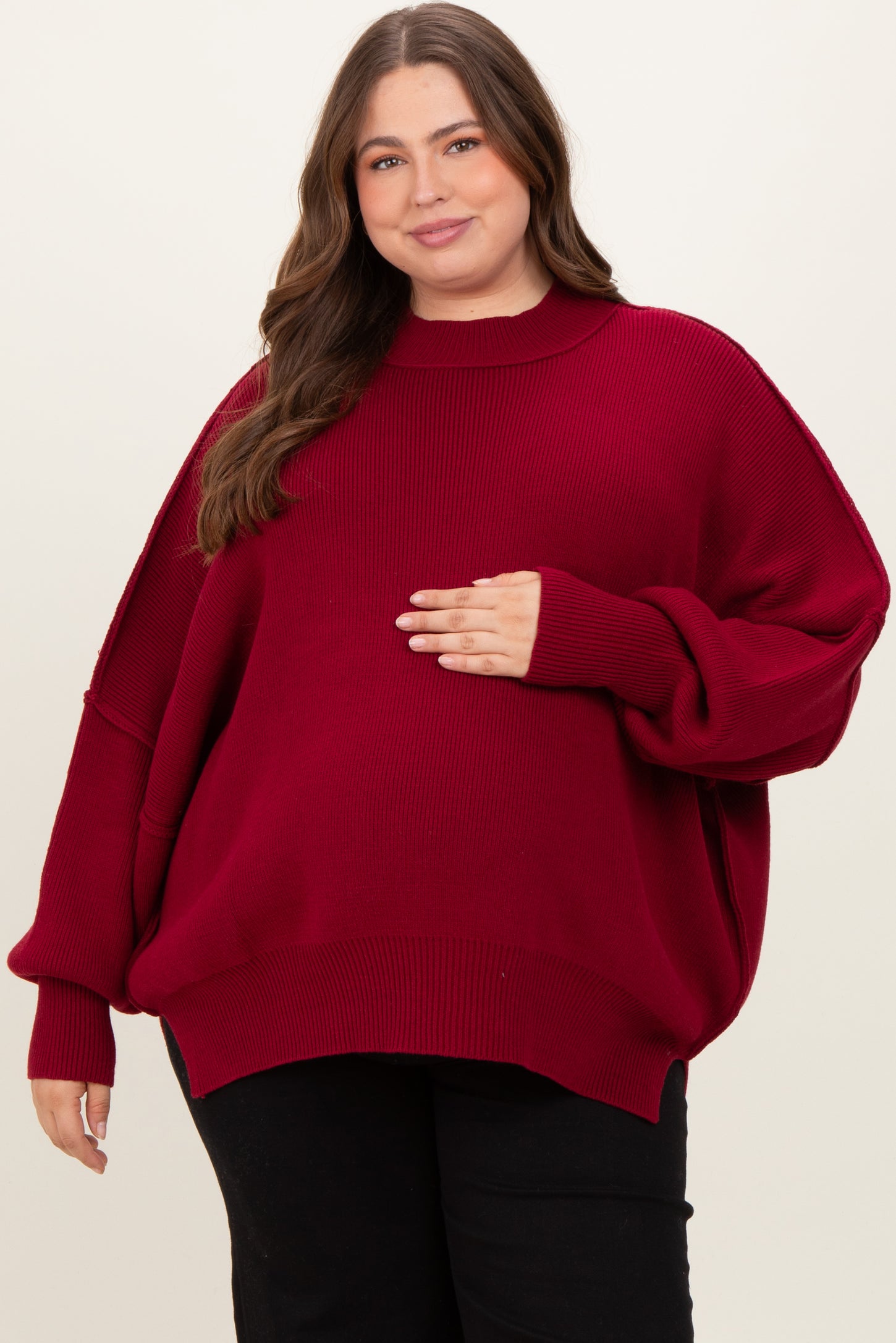 Burgundy Mock Neck Exposed Seam Maternity Sweater