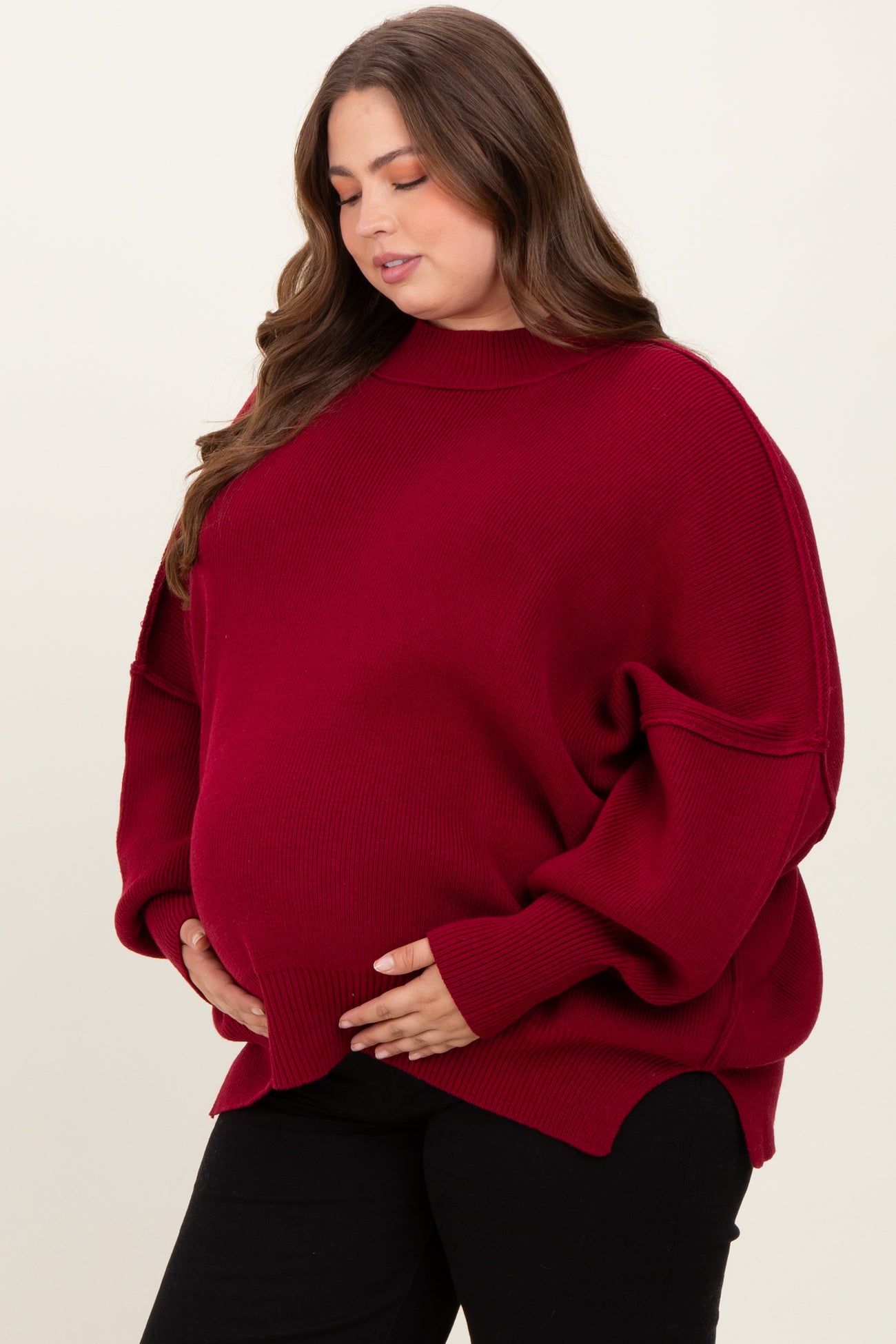 Burgundy Mock Neck Exposed Seam Maternity Sweater