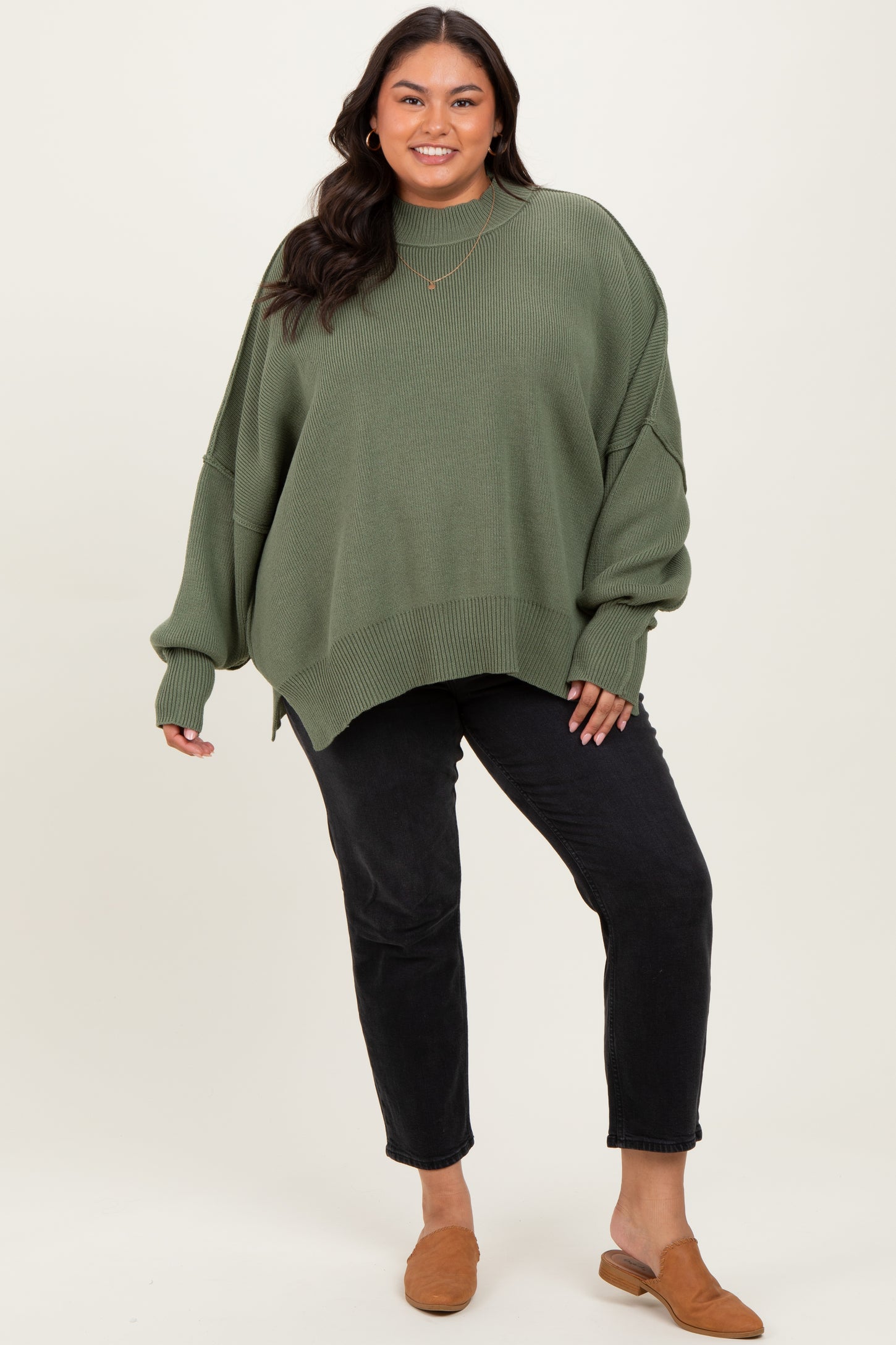 Light Olive Mock Neck Exposed Seam Sweater