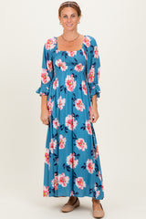 Light Blue Floral Long Sleeve Square Neck Smocked Maternity Maxi Dress