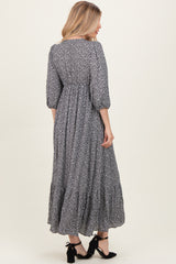 Black Ditzy Floral Long Sleeve Ruffle V-Neck Tiered Maxi Dress