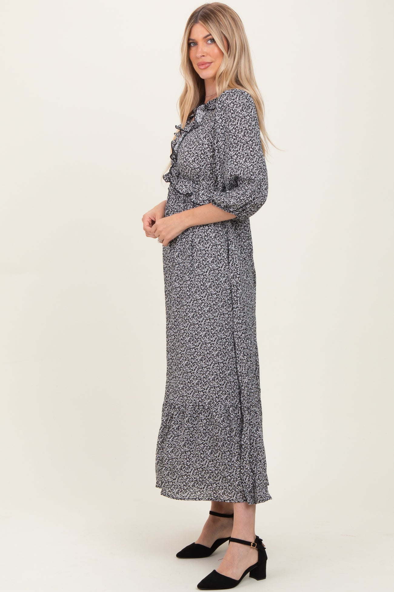 Black Ditzy Floral Long Sleeve Ruffle V-Neck Tiered Maxi Dress