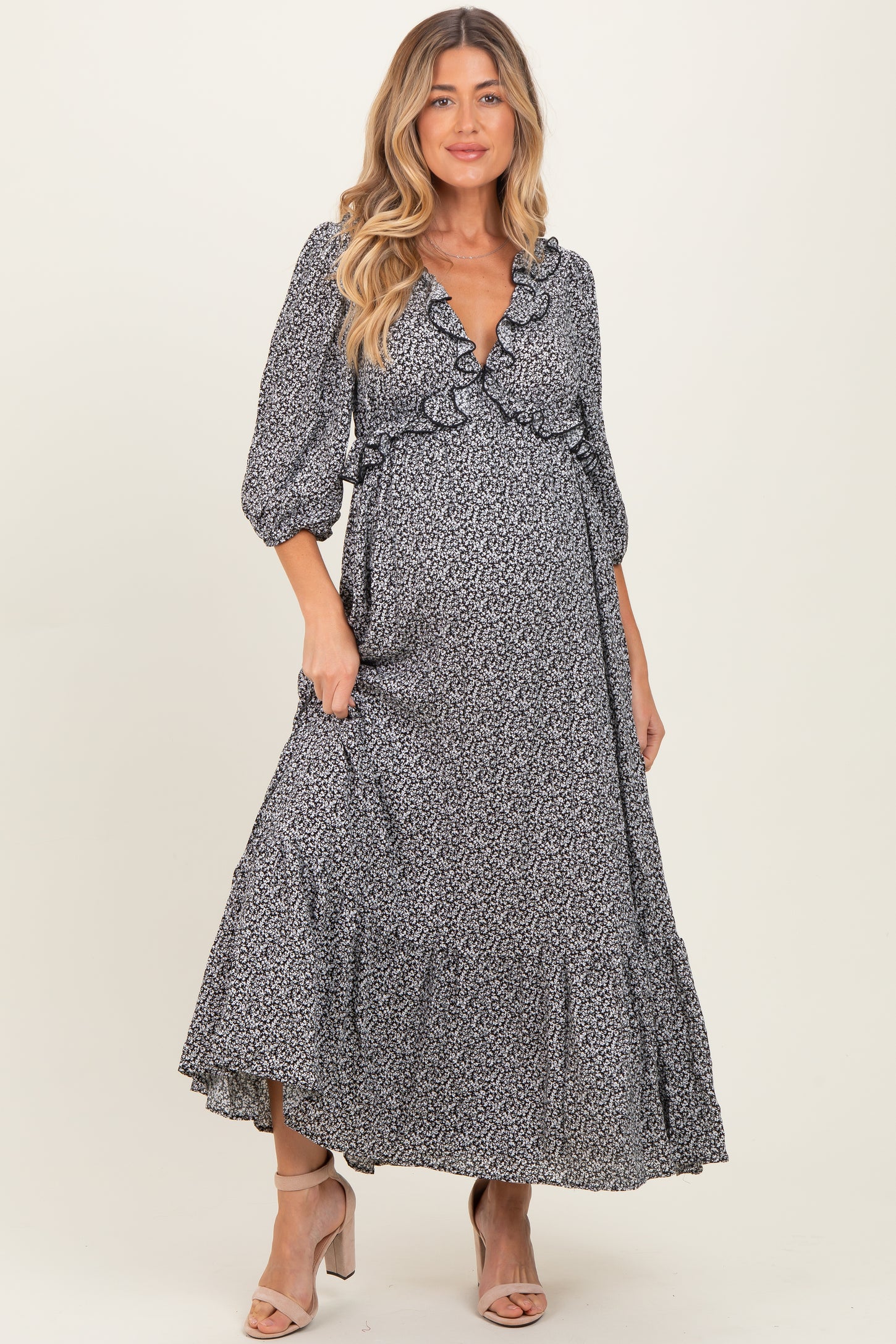 Black Ditzy Floral Long Sleeve Ruffle V-Neck Tiered Maternity Maxi Dress