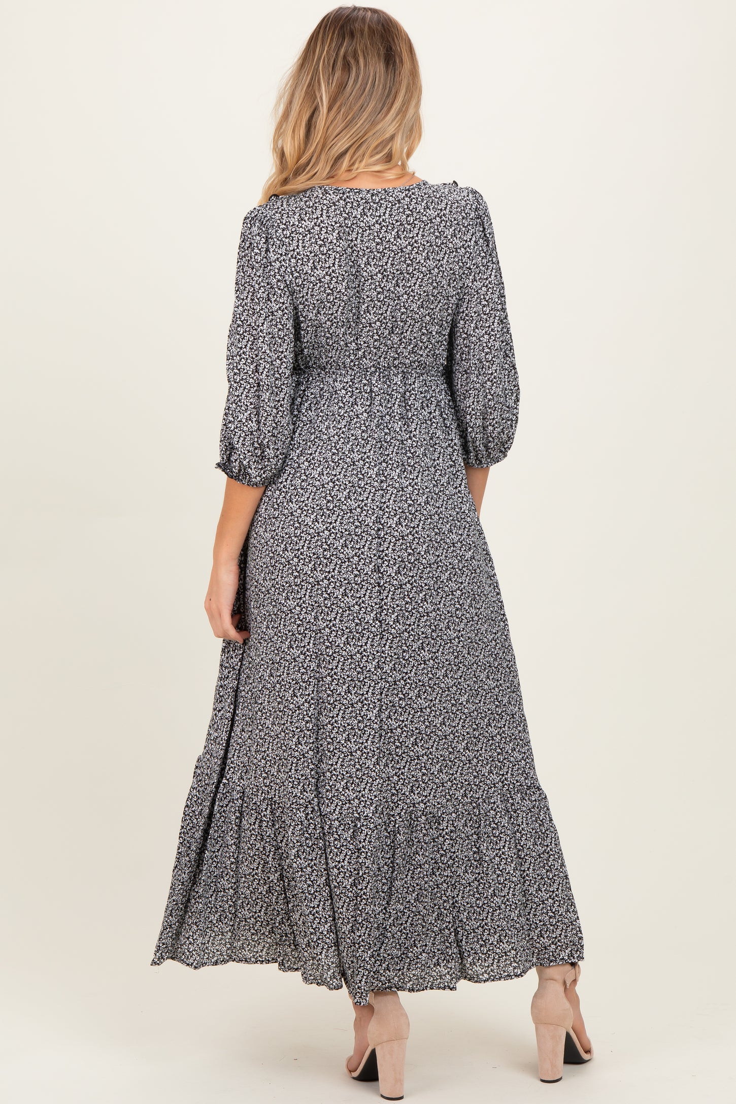 Black Ditzy Floral Long Sleeve Ruffle V-Neck Tiered Maternity Maxi Dress