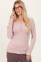 Beige Solid Ribbed Brushed Long Sleeve Button Down Round Neck Top