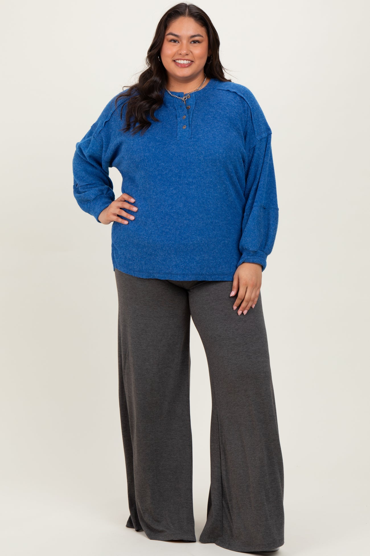 Light Navy Oversized Ribbed Knit Henley Plus Sweater