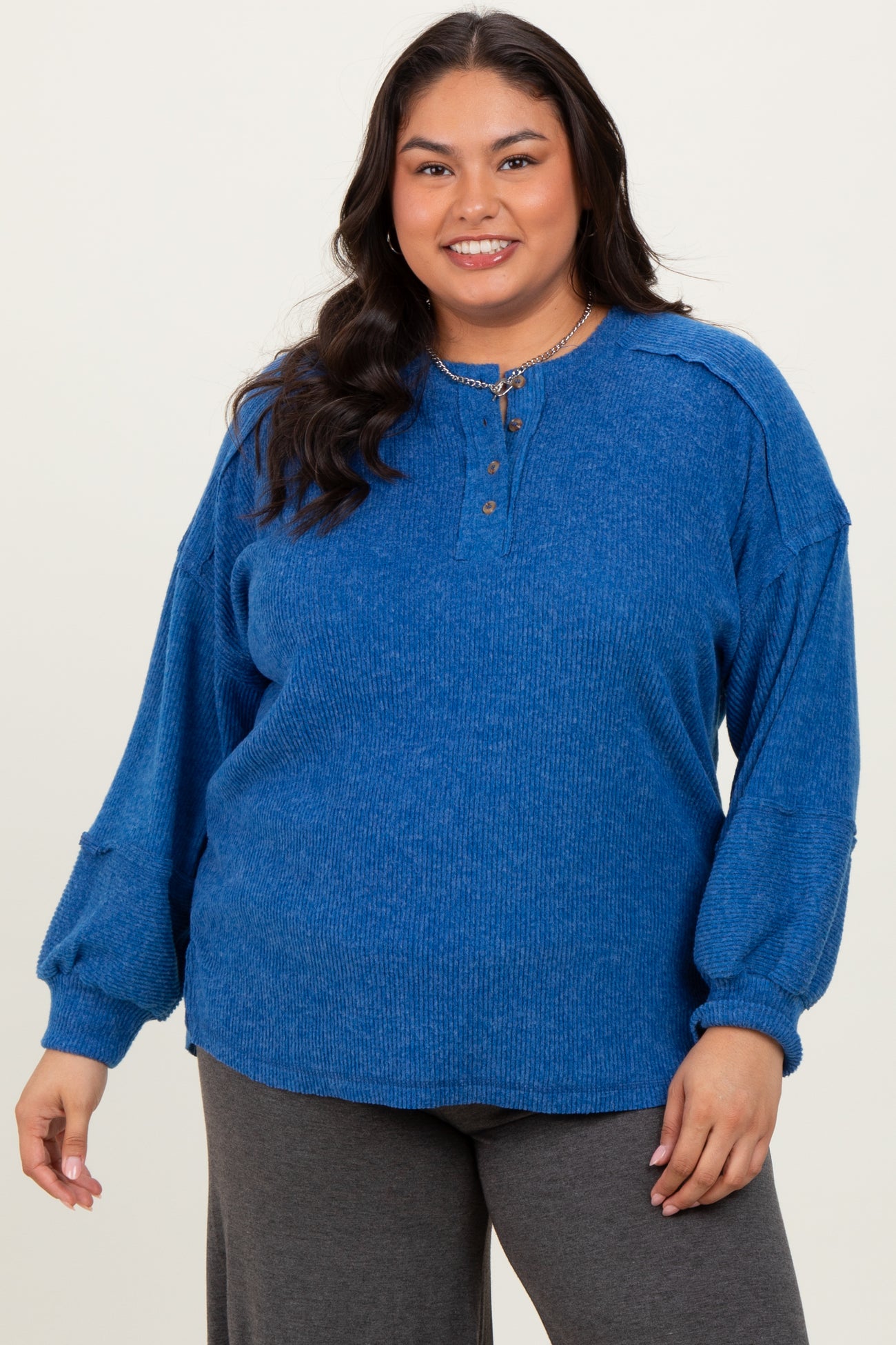 Light Navy Oversized Ribbed Knit Henley Plus Sweater