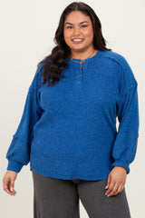 Light Navy Oversized Ribbed Knit Henley Plus Sweater