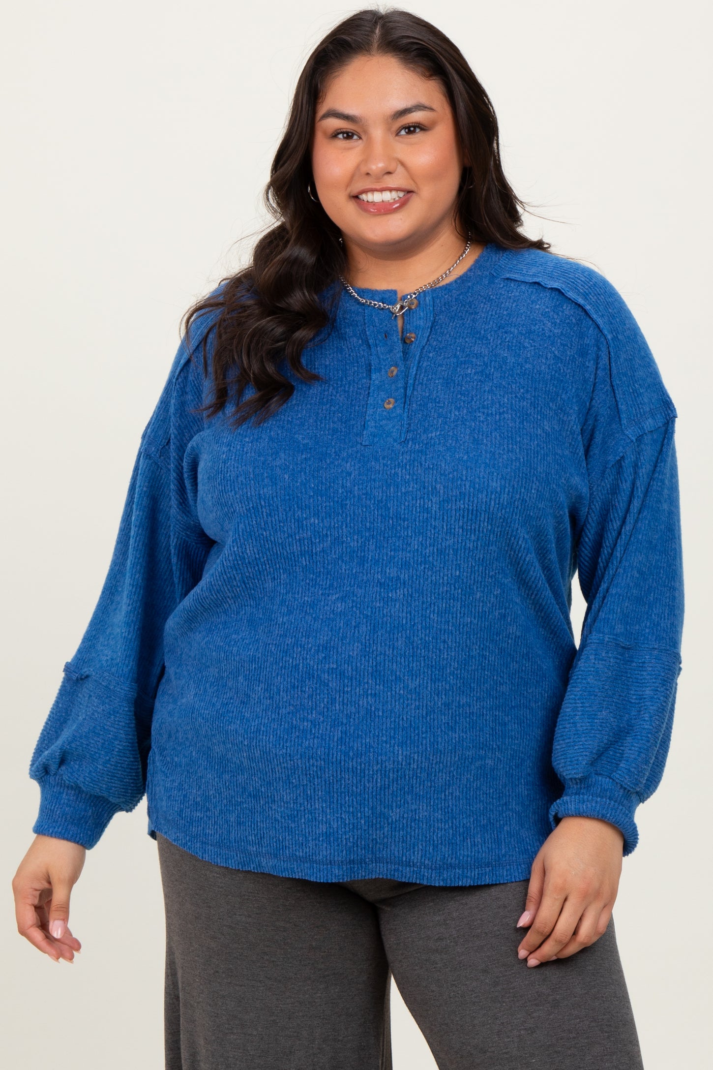 Light Navy Oversized Ribbed Knit Henley Maternity Plus Sweater