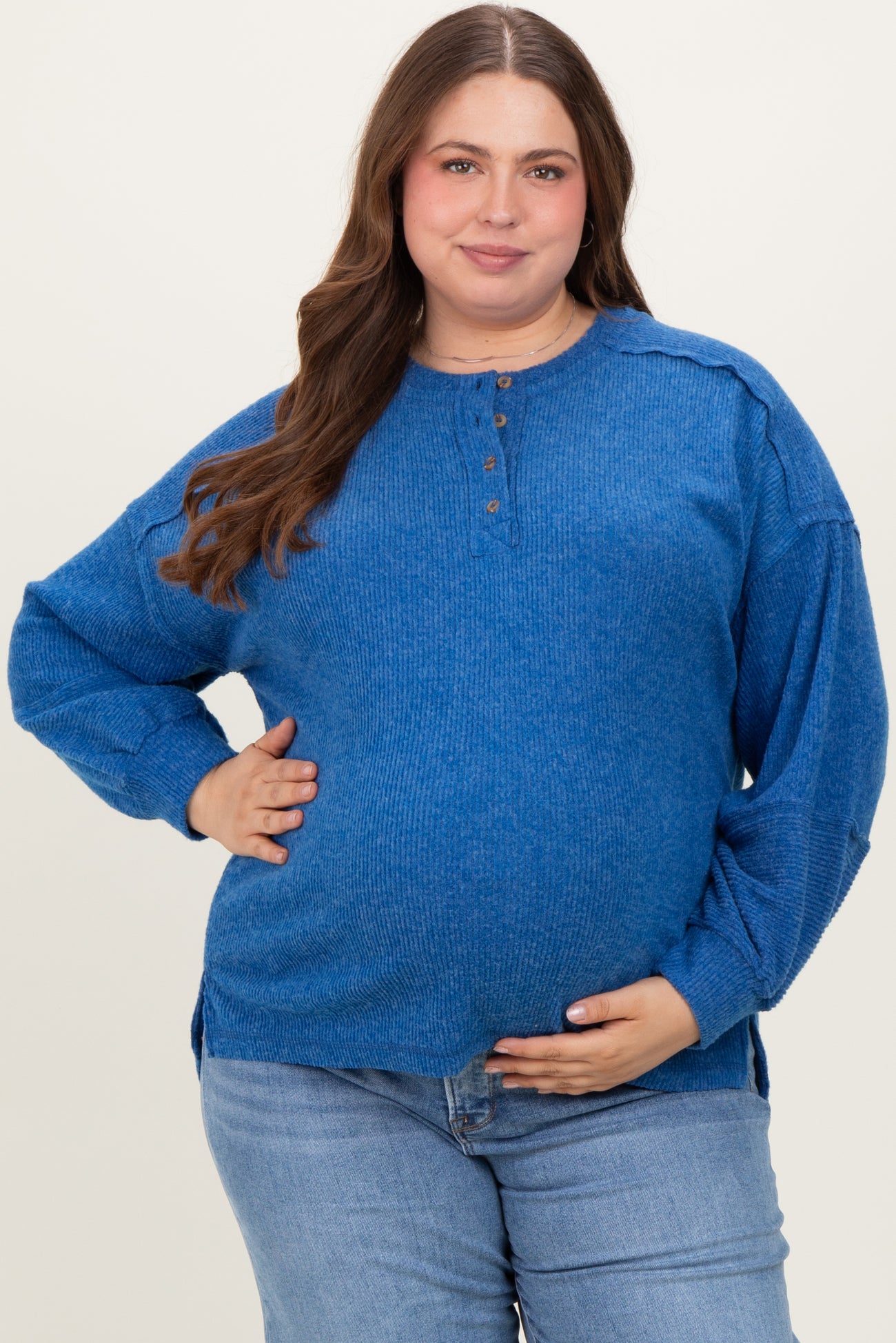 Light Navy Oversized Ribbed Knit Henley Maternity Plus Sweater