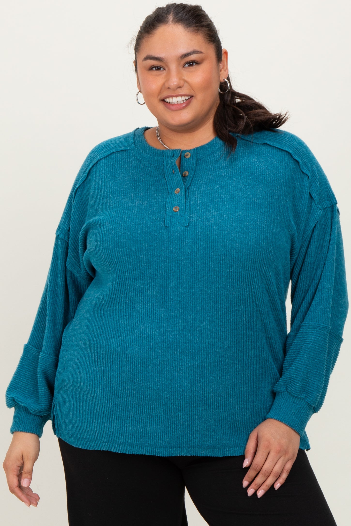 Teal Oversized Ribbed Knit Henley Plus Sweater